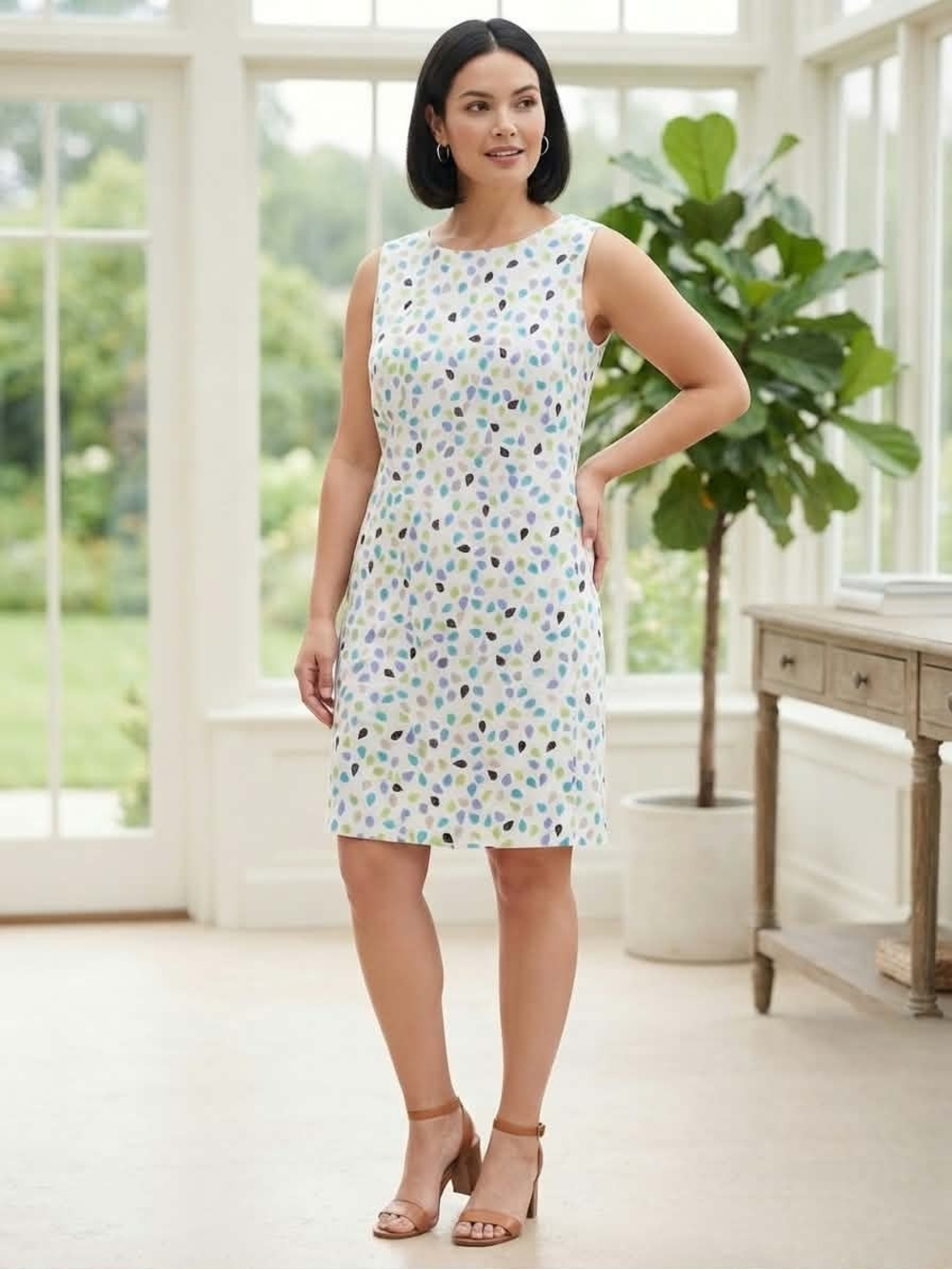 Kim Rogers Linen Raindrop Print Shift Dress Size 8
